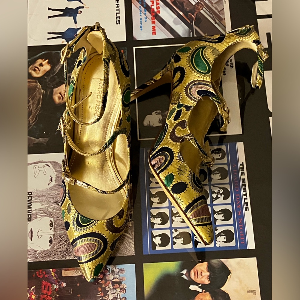 Marc Fisher Gold Multicolor Brocade Pointed-Toe Mary Jane Heels